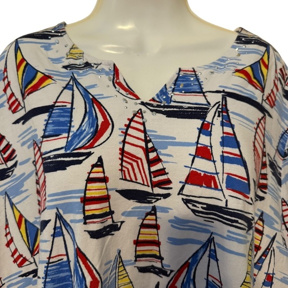 Alfred Dunner Short Sleeve Sequins Blouse SZ 3X Coastal Resort Aloha Beach Sail - Picture 2 of 8